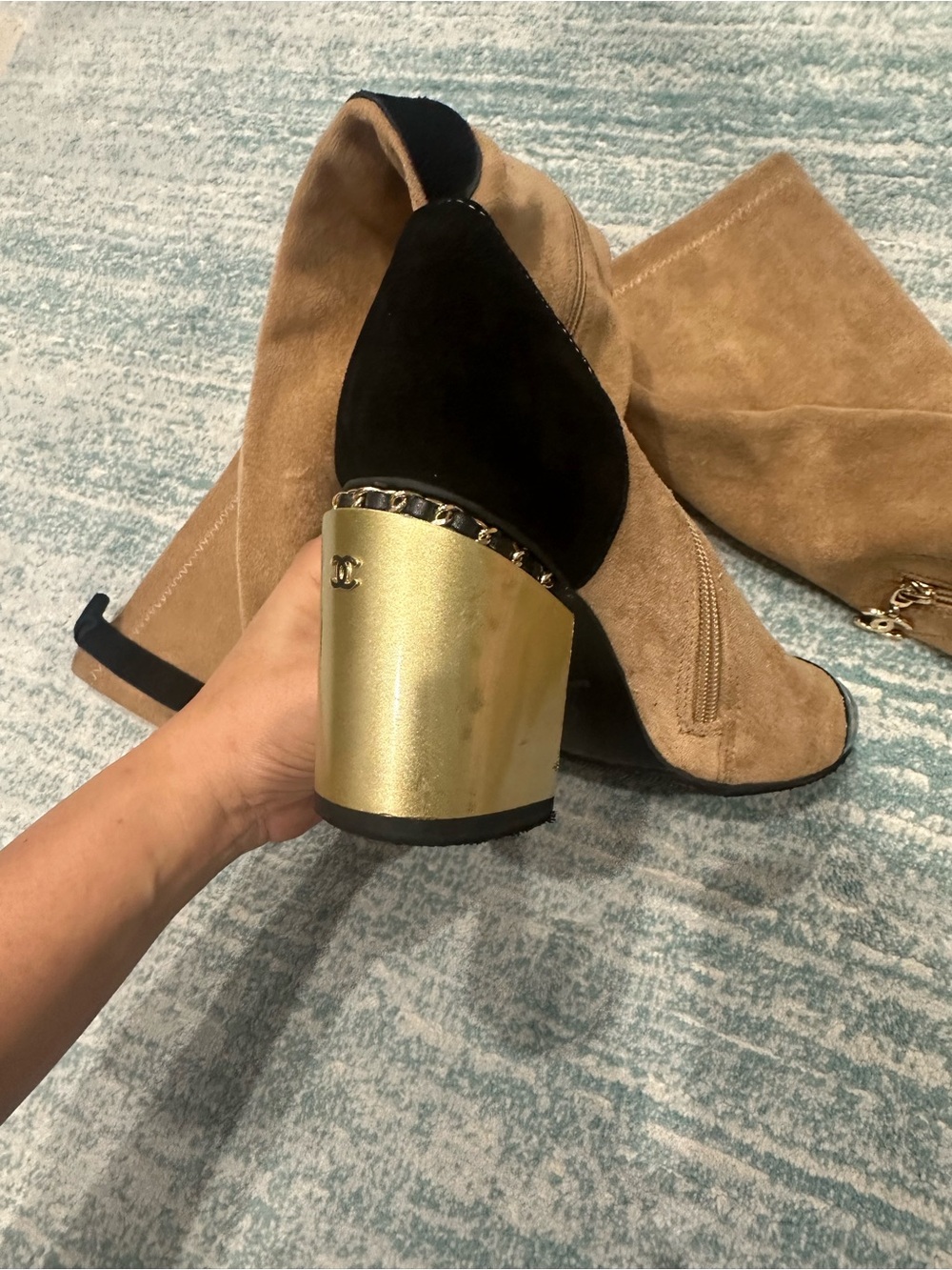 CHANEL Tan Suede Over-the-Knee Boots with Black Accents and Gold Block Heel - Picture 10 of 16